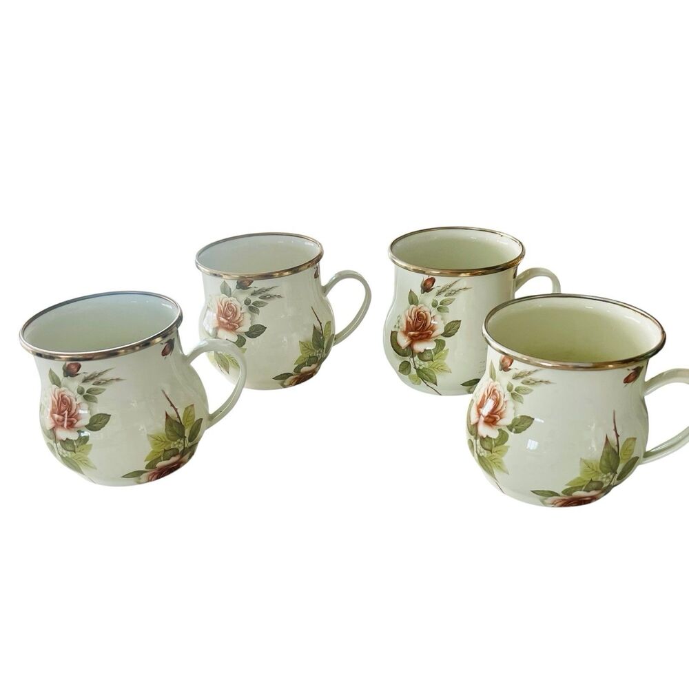 MacKenzie-Childs 1995 Floral Enamel Camp Mugs Set of 4 16 Oz Vintage